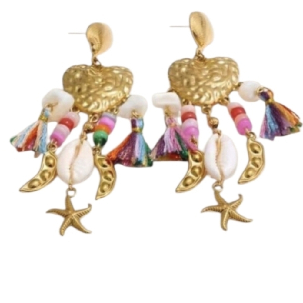 New! Seashell Heart Beaded Tassel Dangle Earrings | NWOT (A4)